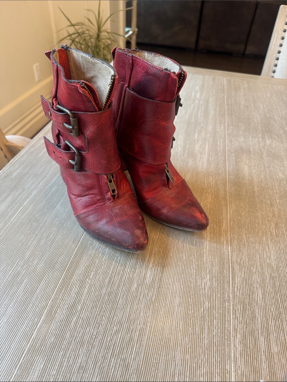 Freebird by Steven Red Pointed Buckle Ankle Boots Joey